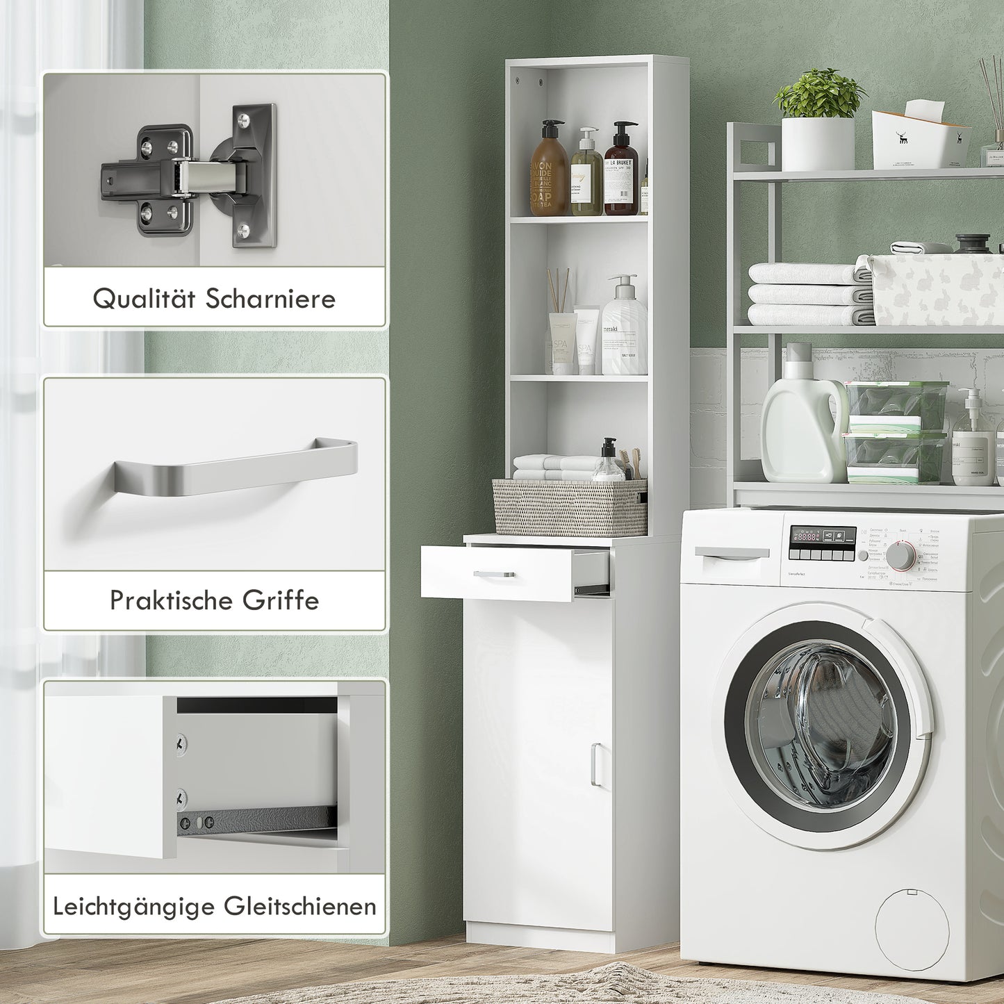 HOMCOM Hoher Badezimmerschrank, schmales Design, Schublade, Regale, Schrank, Spanplatte, Weiß