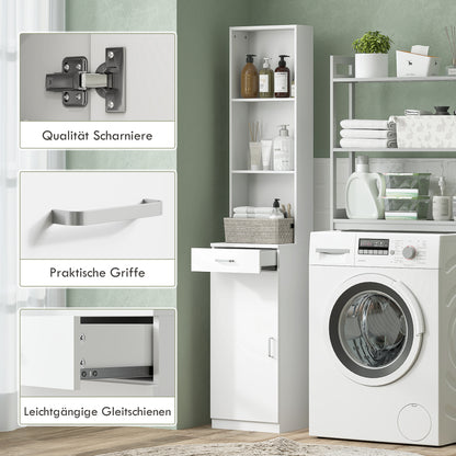 HOMCOM Hoher Badezimmerschrank, schmales Design, Schublade, Regale, Schrank, Spanplatte, Weiß