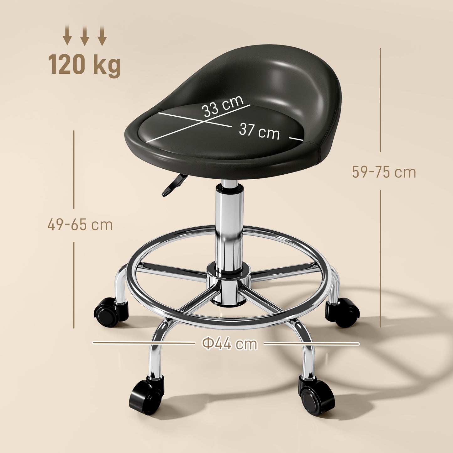 HOMCOM Rollhocker höhenverstellbar mit Rückenlehne Drehhocker 59-75 cm Arbeitshocker 360° drehbar Schwarz