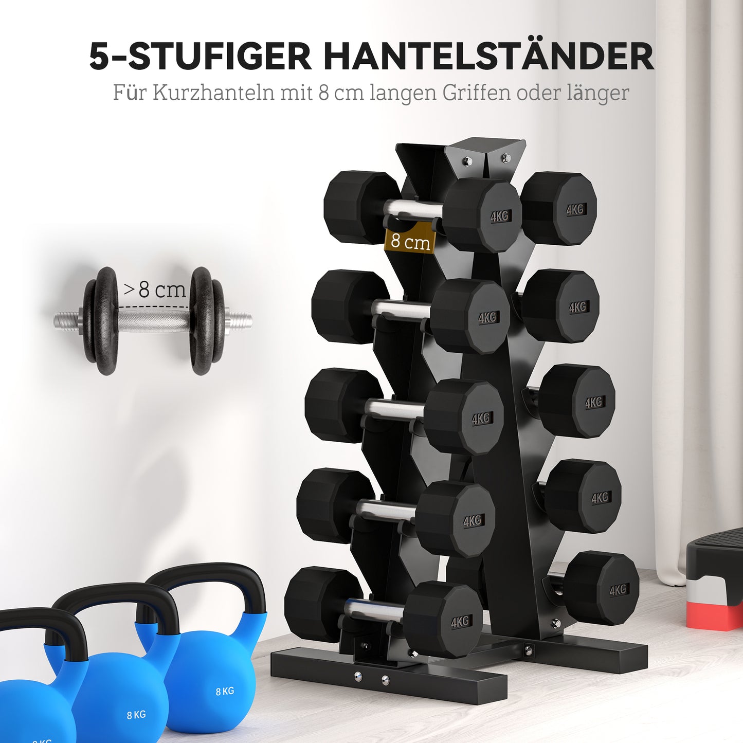 SPORTNOW Hantelständer für 10 Kurzhanteln, 5 Ebenen, stabiles Stahlgestell, bis 100 kg, schwarz, 66 x 35 x 33 cm