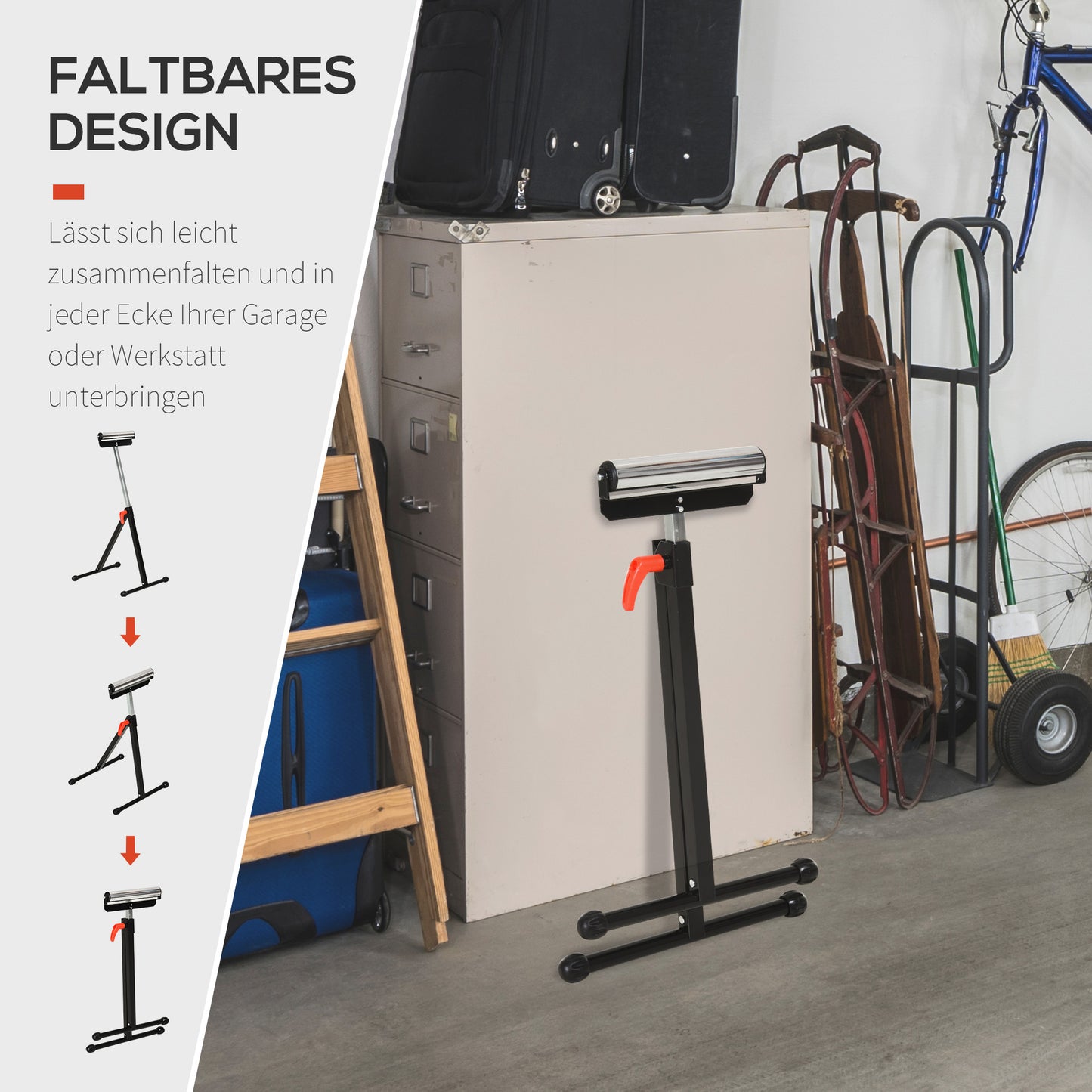 HOMCOM Rollenbock, Rollenauflage, Höhenverstellbares Arbeitsbock, Rollenständer, Hiflsbock, Stützbock, bis 90 kg, Metall, Schwarz, 44 x 50 x 68-110 cm