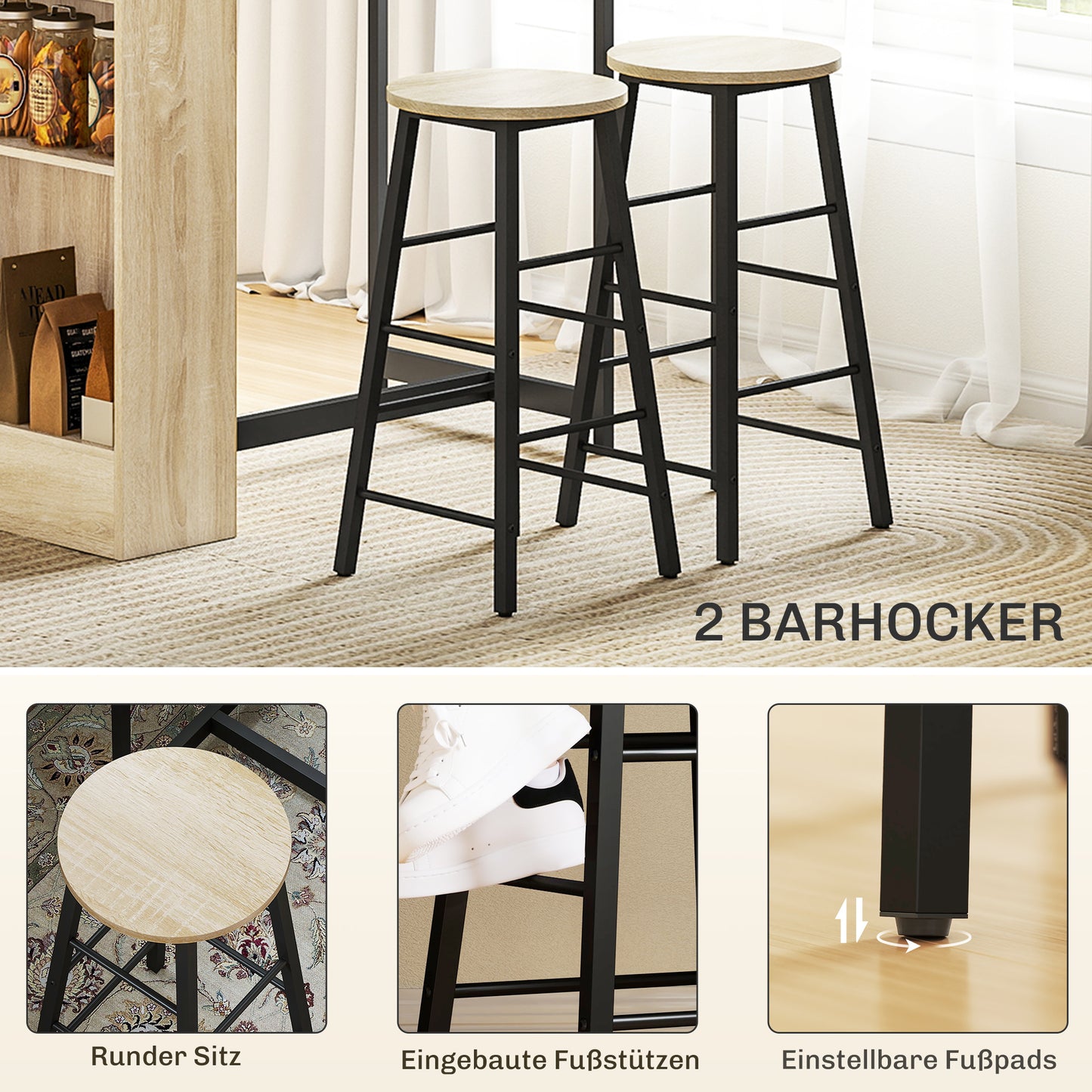 HOMCOM 3-teiliges Bartisch-Set, 1 Tresen, 2 Stühle, mit Stauraum und Fußstützen, platzsparend, Hellbraun+Schwarz