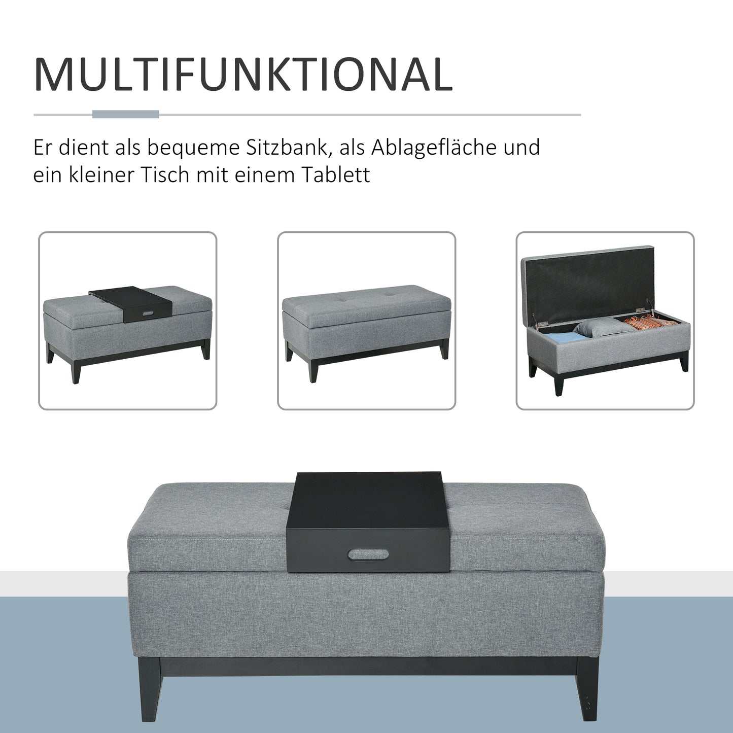 HOMCOM Sitzbank mit Stauraum, abnehmbarem Tablett Polsterbank mit Leinenoptik, Sitztruhe mit Holzbeine, Truhenbank für Wohnzimmer Schlafzimmer Flur 107 x 50 x 44 cm, Dunkelgrau