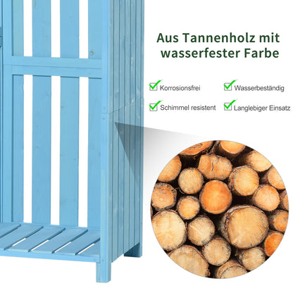 Outsunny Gartenhaus Gerätehaus Geräteschuppen mit Brennholzlagerraum Geräteschuppen mit 3 Ablagen Asphaltdach Tannenholz Himmelblau 130 x 54,5 x 180 cm