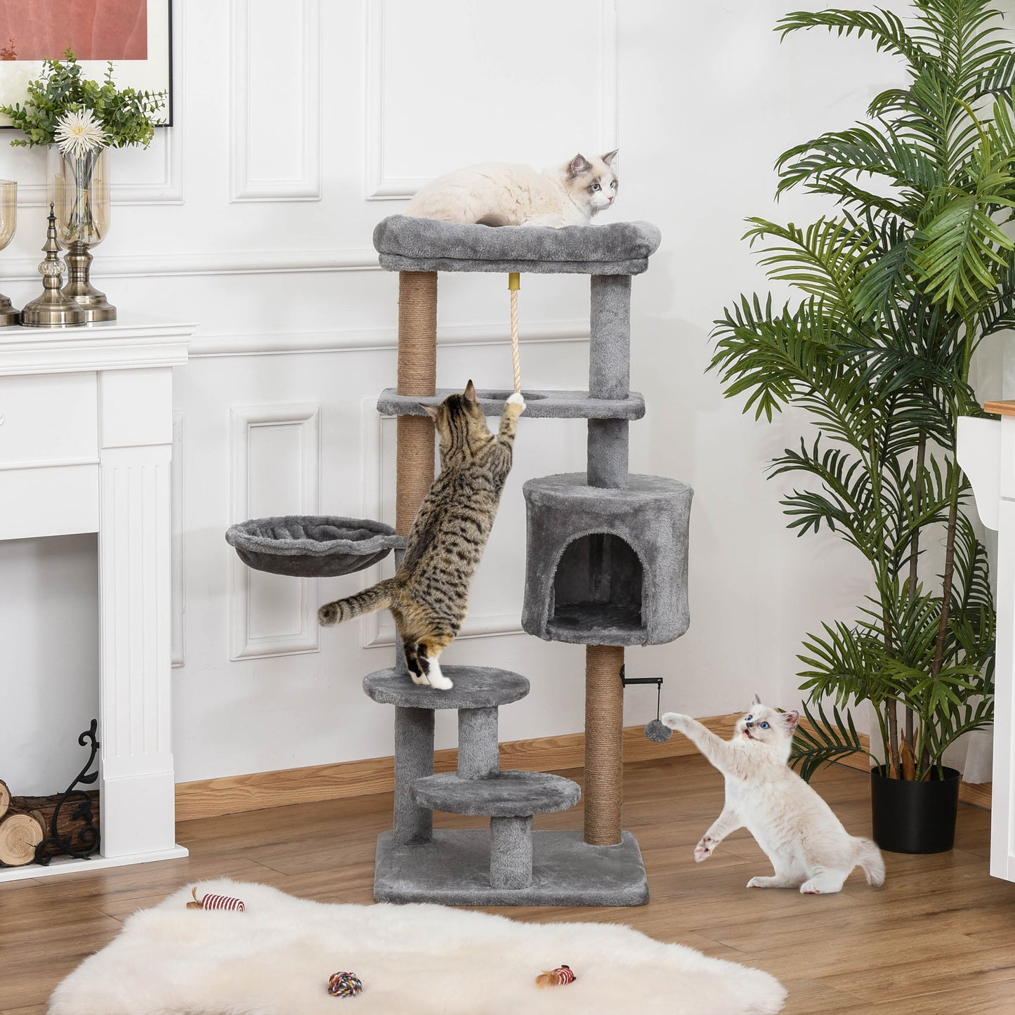 PawHut Kratzbaum, Katzenbaum, 1 Katzenhöhle, Katzenbett, 1 Hängematte, inkl. Spielzeug, Hellgrau