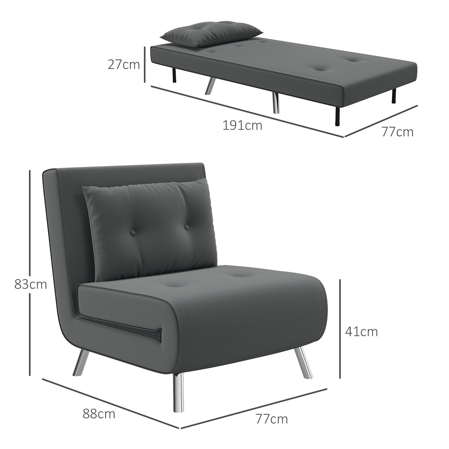 HOMCOM Liegesessel Sessel mit Liegefunktion Schlafsessel, Knopfheftung, Leinenoptik, 77 cm x 88 cm x 83 cm, Dunkelgrau