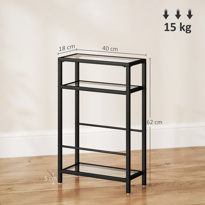 HOMCOM 3-stufiges Regal mit Glasplatten, 18 cm breit, Stahlrahmen, Querstangen, Schwarz