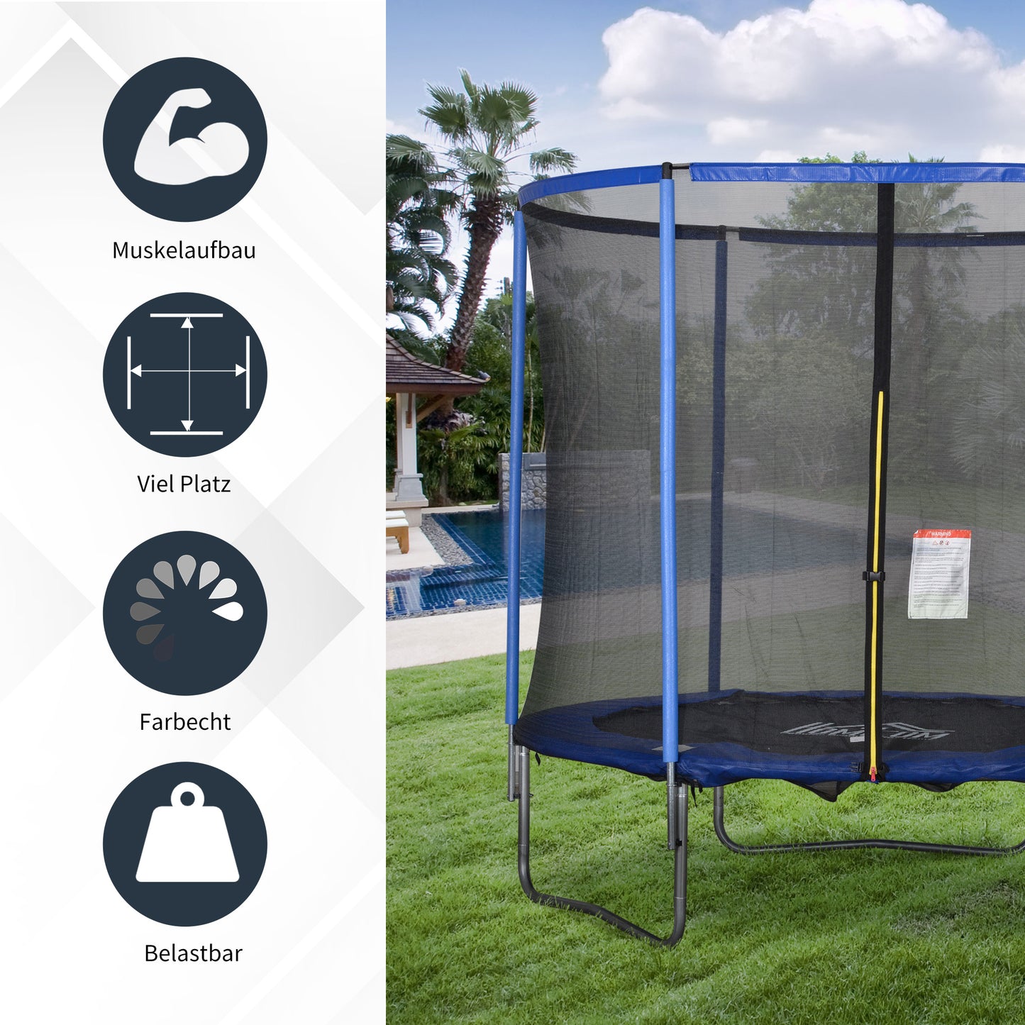 HOMCOM Trampolin mit Sicherheitsnetz Gartentrampolin für Innen- und Außenbereich Fitnesstrampolin für Jugendliche und Erwachsene Stahl Blau+Schwarz bis 113,6 kg Ø244 x 240H cm