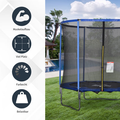 HOMCOM Trampolin mit Sicherheitsnetz Gartentrampolin für Innen- und Außenbereich Fitnesstrampolin für Jugendliche und Erwachsene Stahl Blau+Schwarz bis 113,6 kg Ø244 x 240H cm