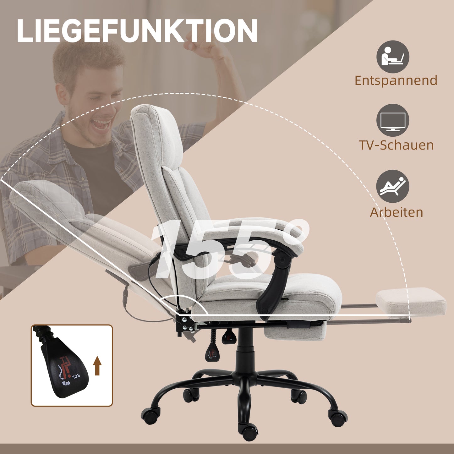 Vinsetto Massage-Bürostuhl Bürostuhl Computerstuhl, Lendenheizung, Neigungsfunktion, Hellgrau