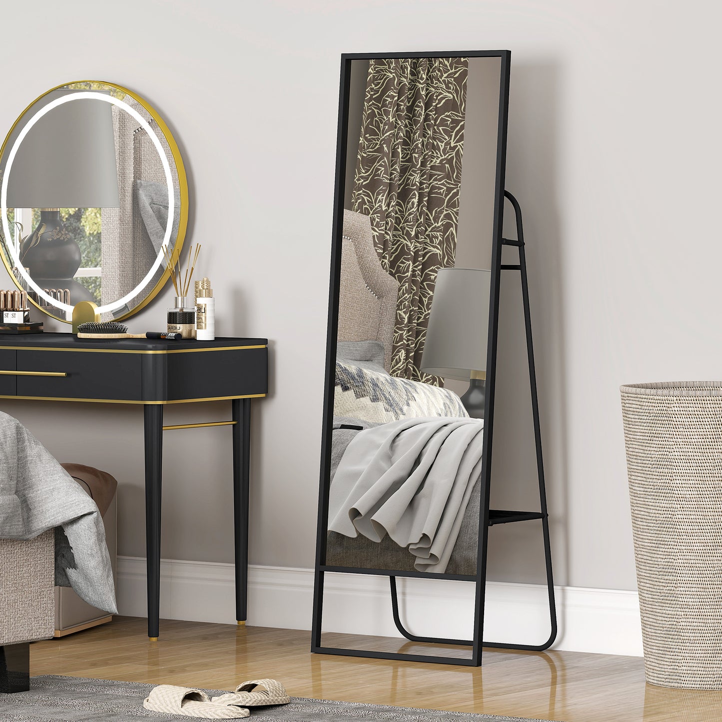 HOMCOM Ganzkörperspiegel, industrielles Design, hinteres Regal, 2 Haken, Metallrahmen, für Schlafzimmer, 157 x 50 cm, Schwarz