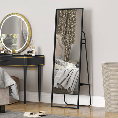 HOMCOM Ganzkörperspiegel, industrielles Design, hinteres Regal, 2 Haken, Metallrahmen, für Schlafzimmer, 157 x 50 cm, Schwarz