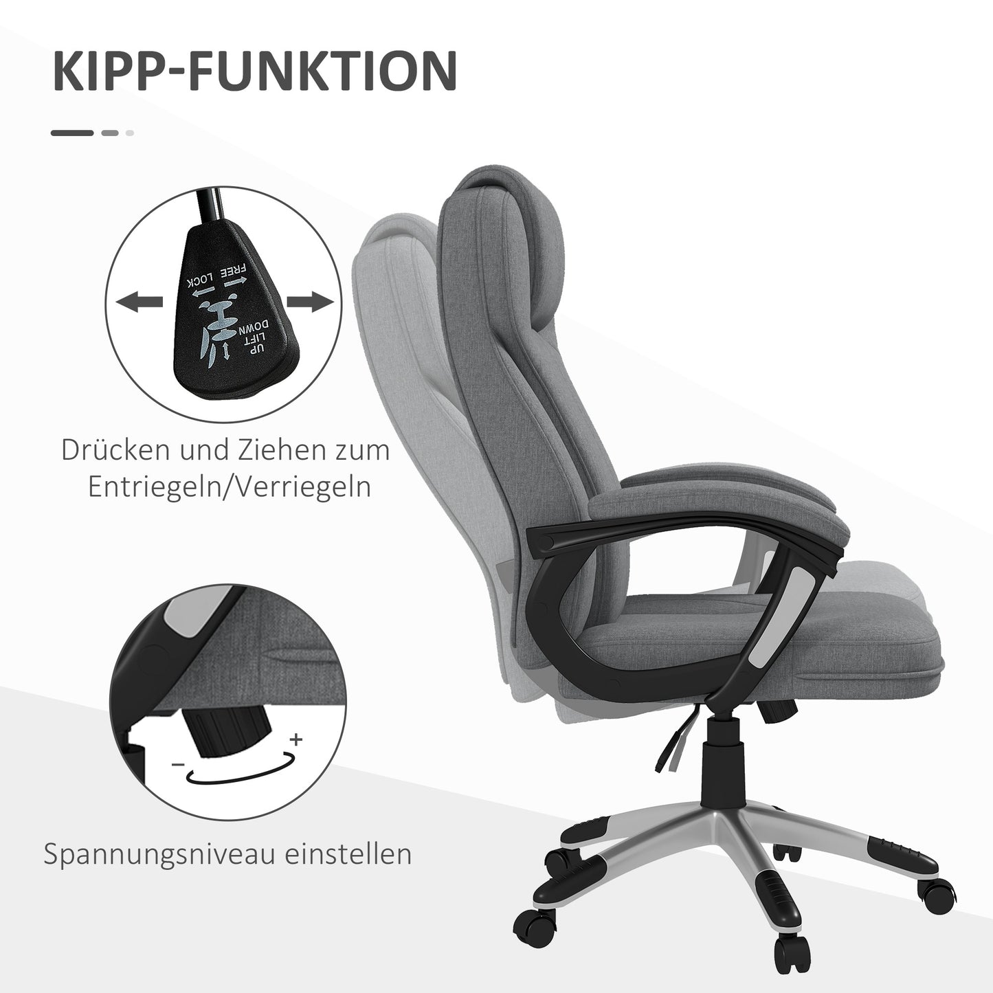 Vinsetto Bürostuhl Schreibtischstuhl Chefsessel, höhenverstellbar, Wippfunktion, 6 cm x 75 cm x 120 cm, Grau