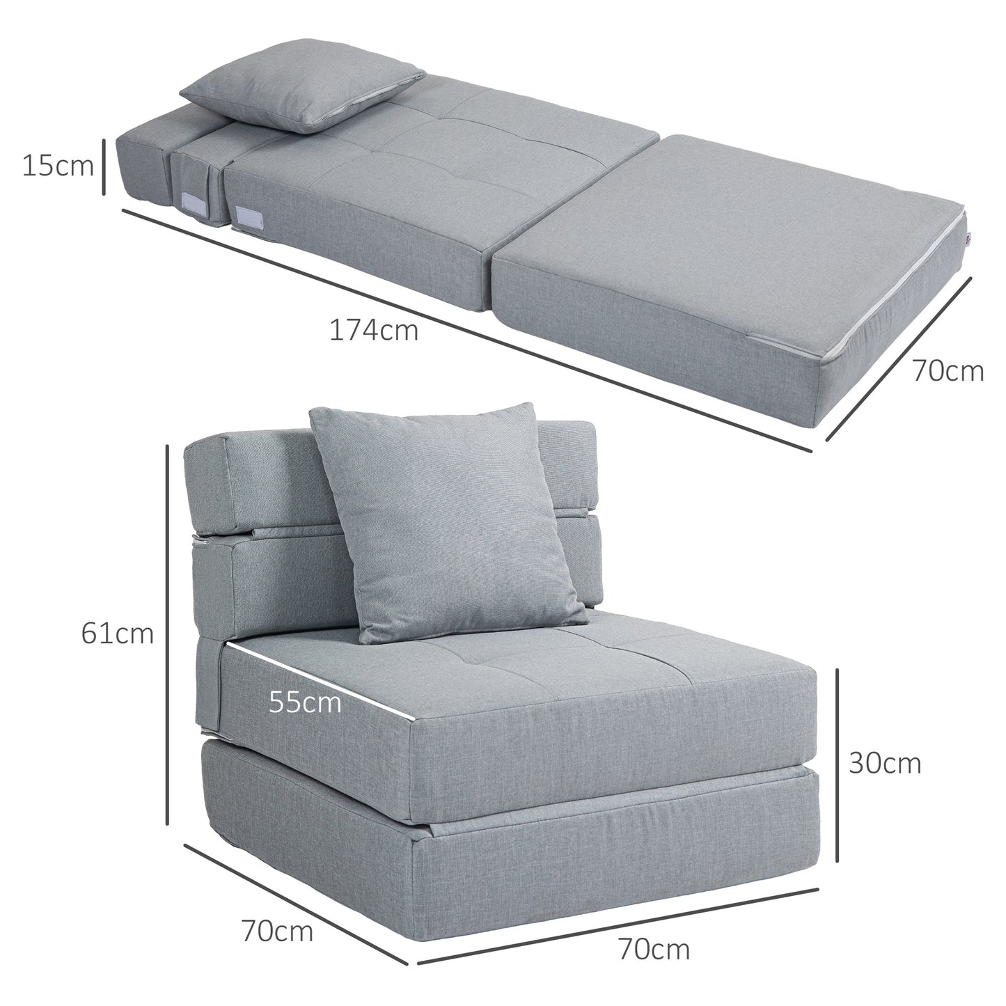 HOMCOM Relaxsessel Liegesessel Sessel mit Bettfunktion, inkl. 1 Kissen, 70 cm x 70 cm x 61 cm, Hellgrau