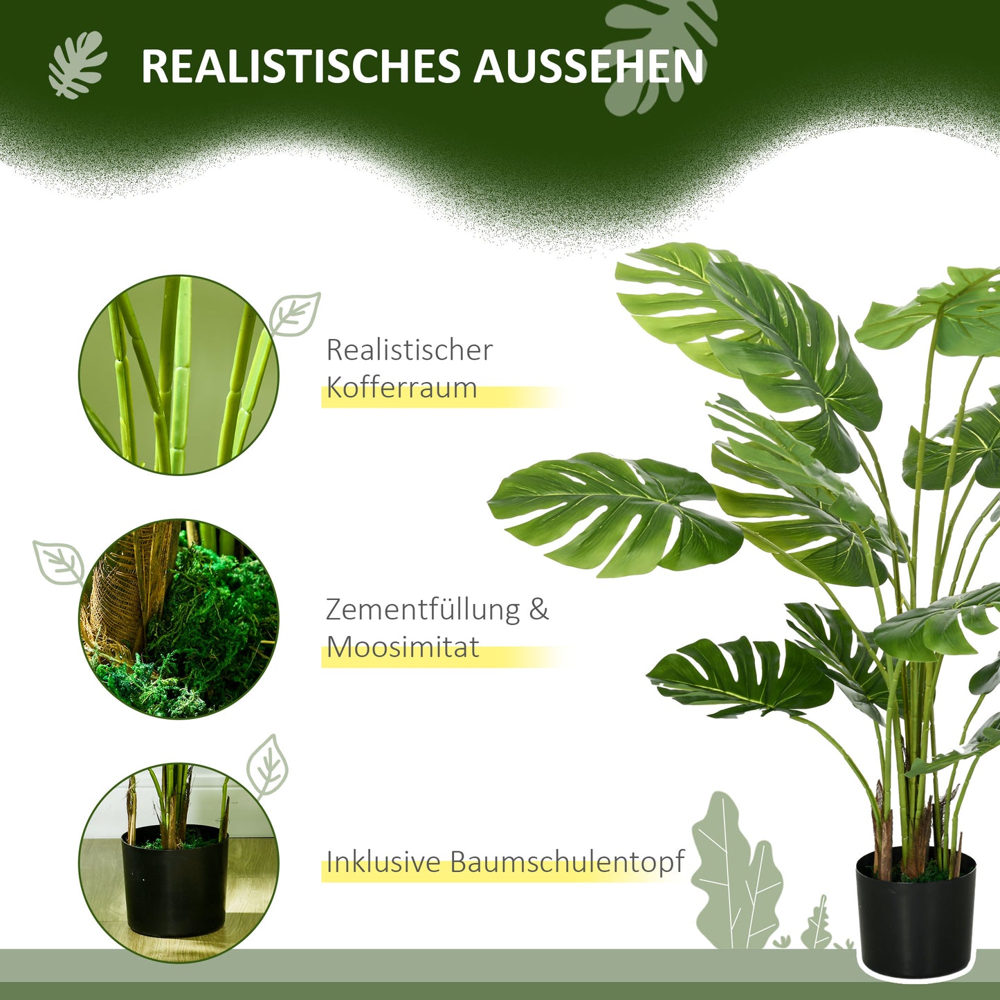 HOMCOM Kunstpflanze Realistische Kunstpflanze Monstera Deliciosa,1 Übertopf und Zementerde,17,5 سم × 17,5 سم × 120 سم، أخضر