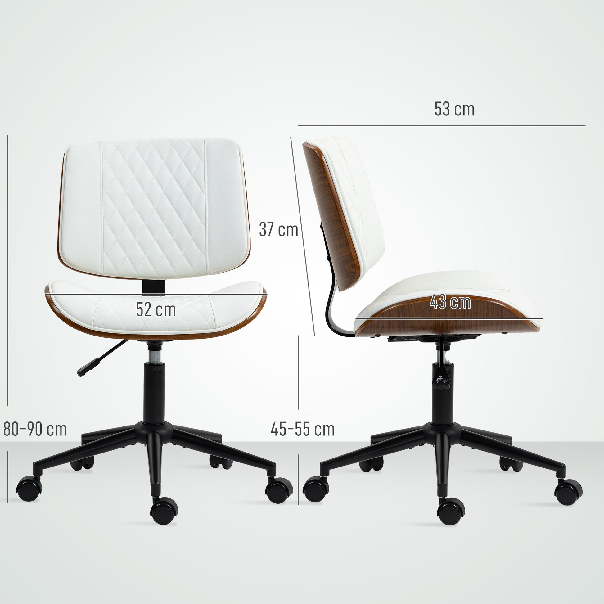 HOMCOM Bürostuhl Höhenverstellbarer Schreibtischstuhl mit Rolle, Diamantsteppung 52 x 53 x 80-90 cm Weiß