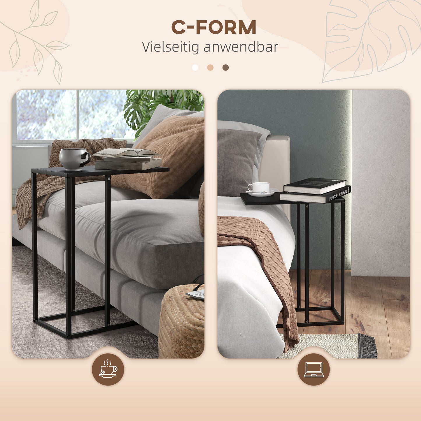 HOMCOM Beistelltisch Laptoptisch, Sofatisch in C-Form, mit Stahlgestell, Schwarz