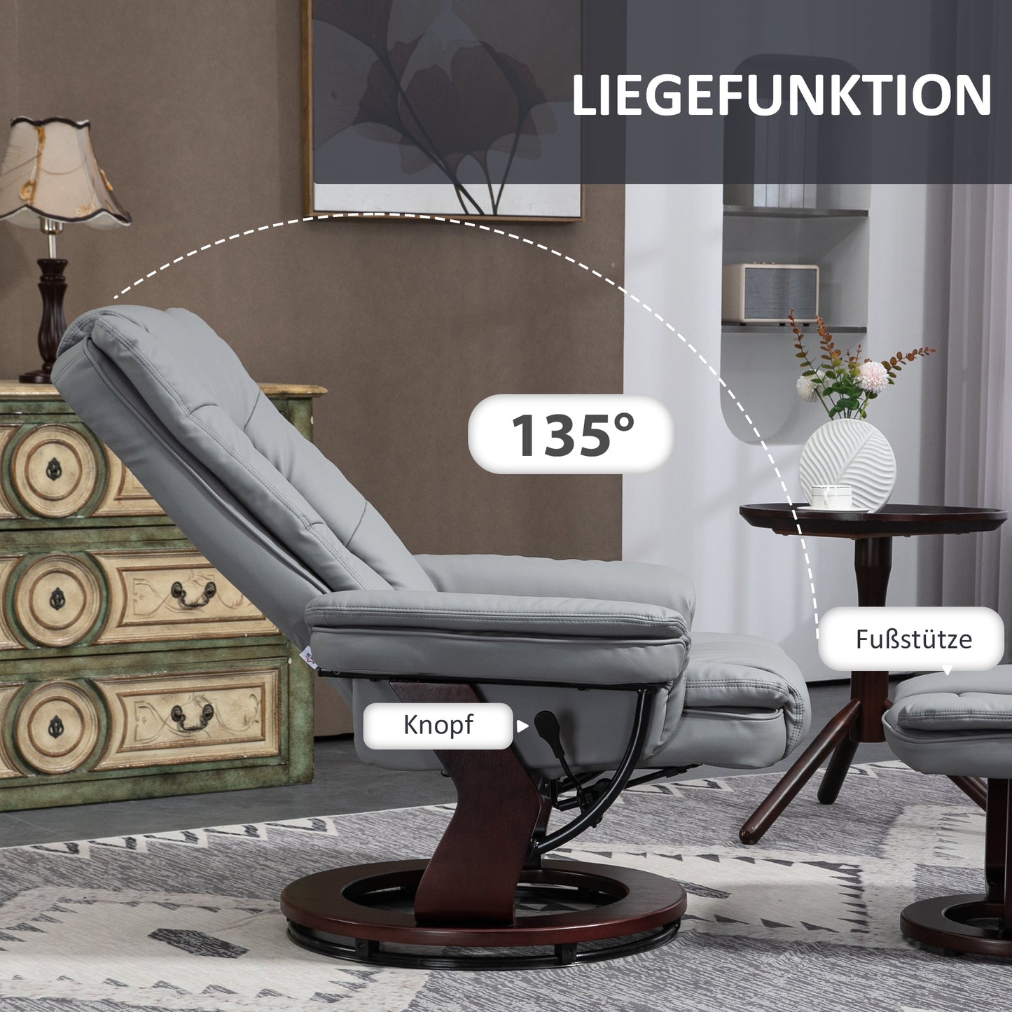 HOMCOM Relaxsessel mit Hocker, Liegesessel, drehbar, neigbare Lehne, Lederoptik, bis 130 kg, Grau