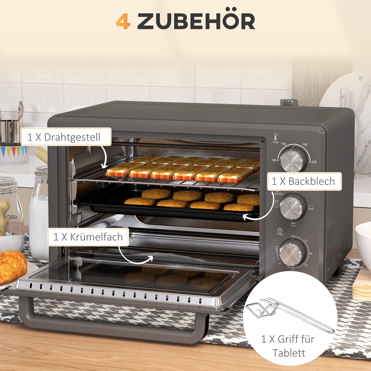 HOMCOM Minibackofen, 21 L Toasterofen mit 1 Drahtgestell und 1 Backblech, 3 Kochmodi, 100 °C-230 °C, Edelstahl, Glas, Grau
