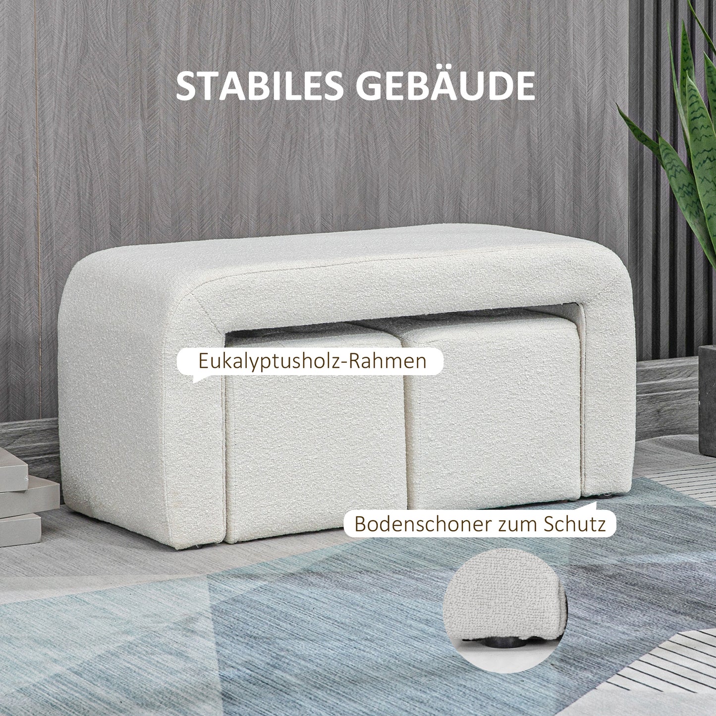 HOMCOM Fußhocker-Set Fußhocker 3-teilig, Knopfheftung, 89 cm x 42,5 cm x 45 cm, Creme