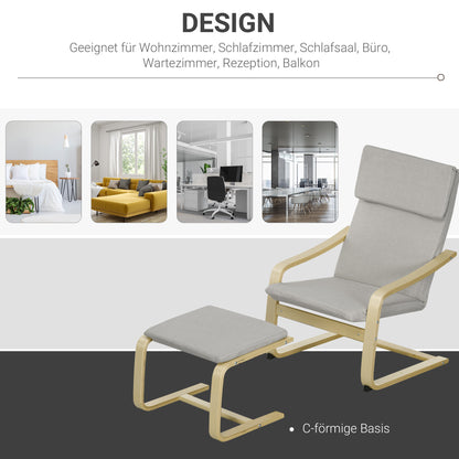 HOMCOM Loungesessel mit Hocker, Bezug in Leinenoptik, Holzrahmen, bis 120 kg, Hellgrau/Natur