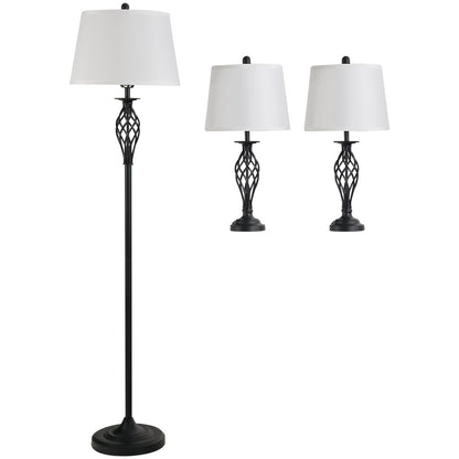 HOMCOM 3er-Lampenset 2 Tischlampe(ø38 x 158H cm) + 1 Stehlampe(ø30 x 62H cm) Vintage Standlampe mit Fußschalter Leselampe für Wohnzimmer, Schlafzimmer Metall, Schwarz+Weiß