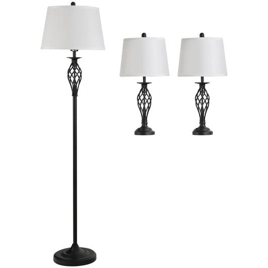 HOMCOM 3er-Lampenset 2 Tischlampe(ø38 x 158H cm) + 1 Stehlampe(ø30 x 62H cm) Vintage Standlampe mit Fußschalter Leselampe für Wohnzimmer, Schlafzimmer Metall, Schwarz+Weiß