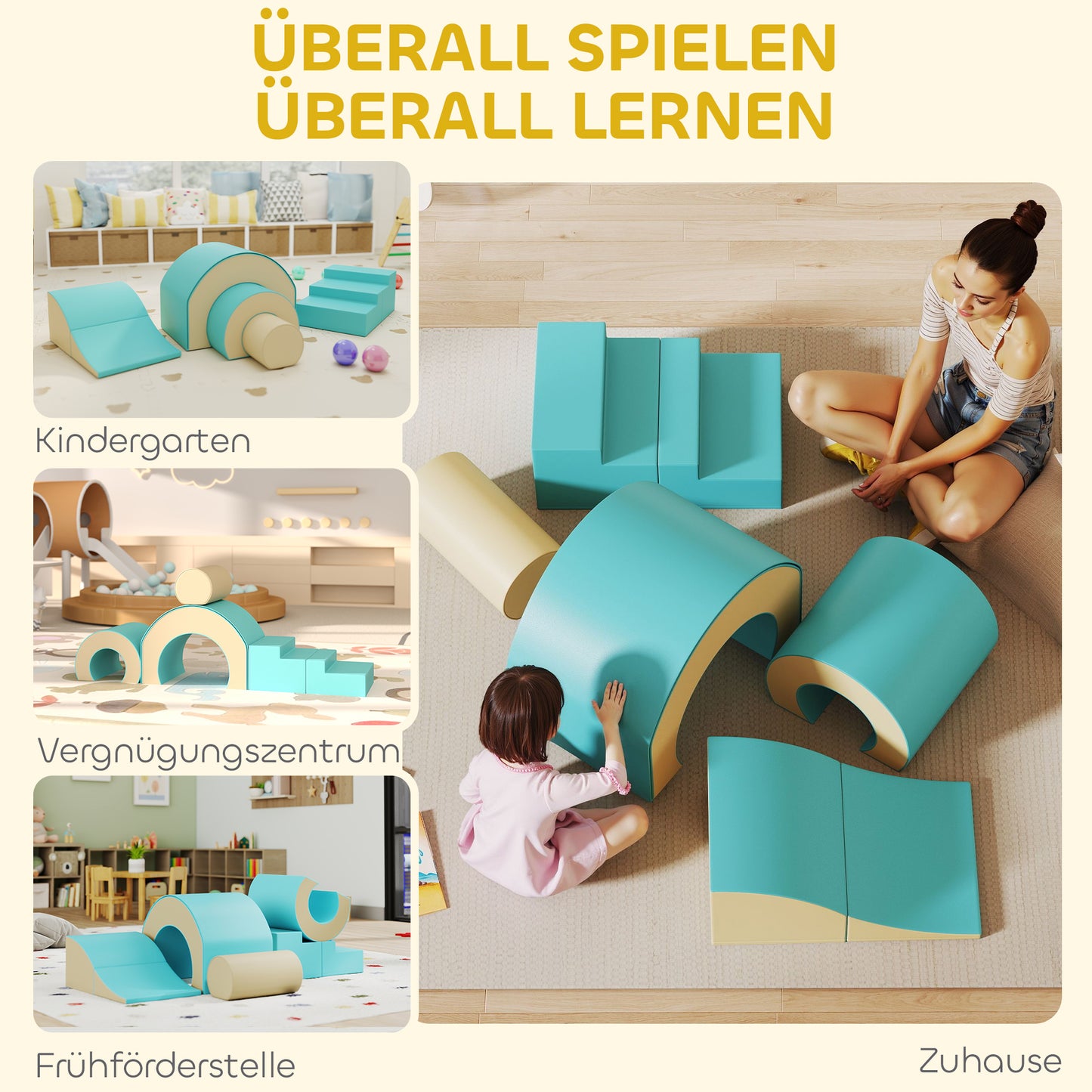 AIYAPLAY 5-teiliges Softbaustein-Set für Babys & Kleinkinder, Schaumstoff, Kunstleder, 5 kreative Formen, Indoor-Set zum Klettern, Krabbeln, Spielen, Grün