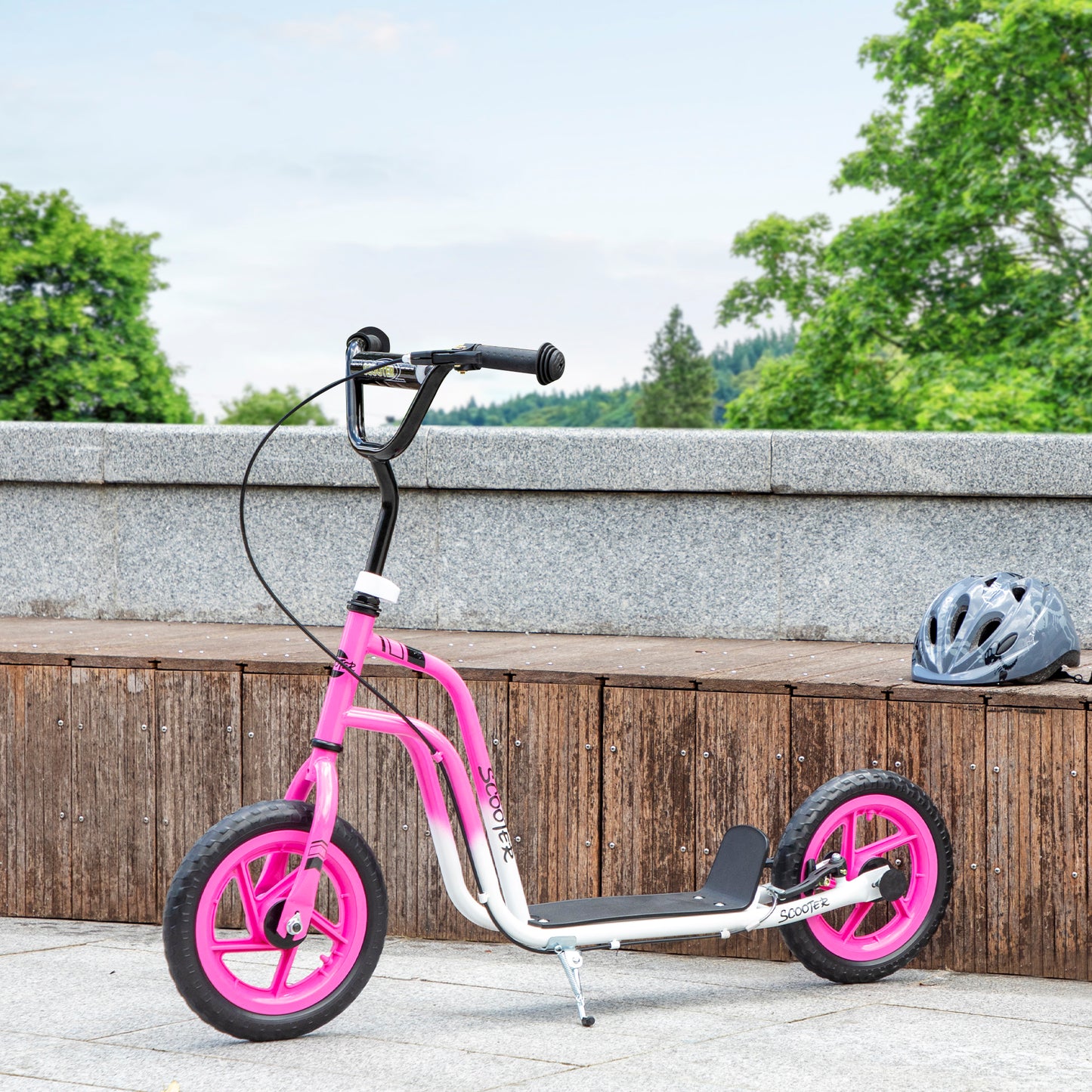AIYAPLAY Kinderroller mit verstellbarem Lenker, große Räder, Parkständer, Handbremse, für Kinder im Alter von 5-12 Jahren, Rosa