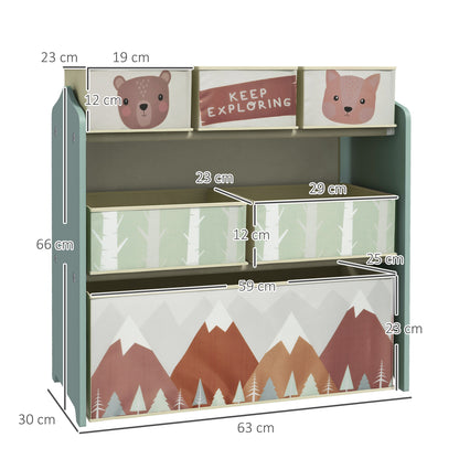 ZONEKIZ Kinderschrank mit 6 Stoffboxen, niedliches Motiv, 63x30x66 cm, Grün