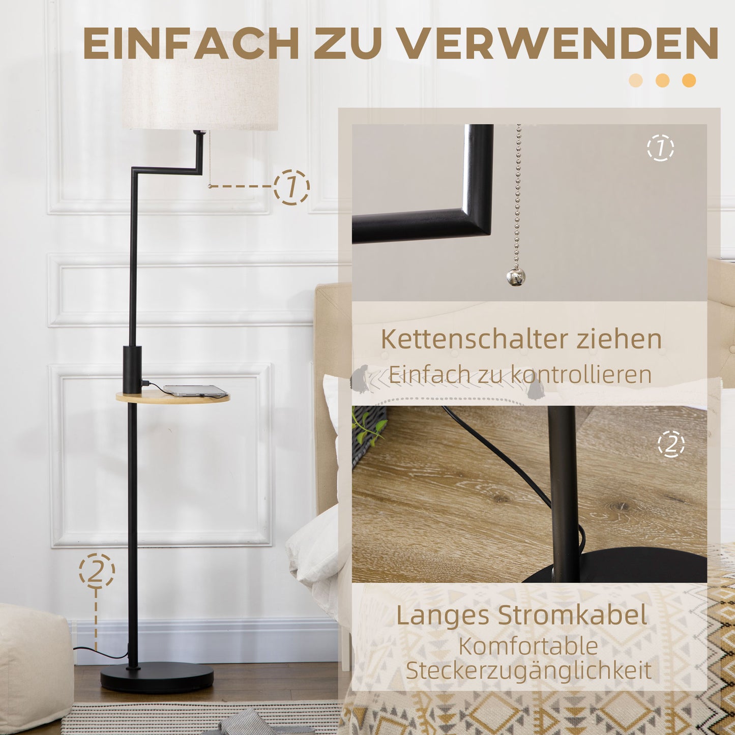 HOMCOM Stehleuchte inkl. Regal, Standleuchte, Kettenzug, E 27, 40 W, Bambus, Natur + Schwarz