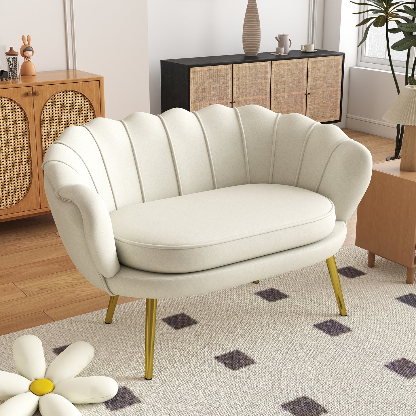 HOMCOM Vintage 2-Sitzer Sofa, Couch, Polstermöbel, Samtoptik, bis 150 kg, Creme/Gold