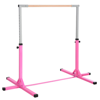 HOMCOM Gymnastik-Turnreck, 13-stufig höhenverstellbar Reckstange, Reck Turnstange aus Holz & stabile Stahlkonstruktion bis 75 kg belastbar, für 3+ Kinder, Indoor, Outdoor, Rosa
