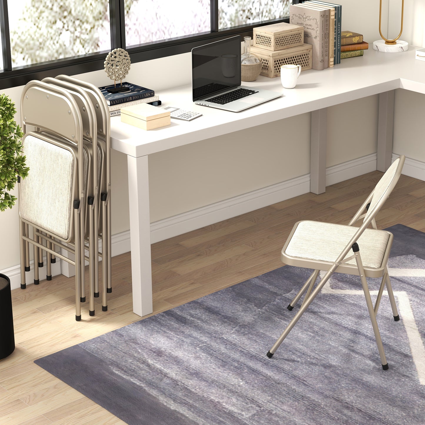 HOMCOM 4er-Set Klappstühle, Tragbare Bürostühle, Stahlbeine, Faltstuhl für Büro, Empfang, Wartezimmer, Leinenoptik Beige