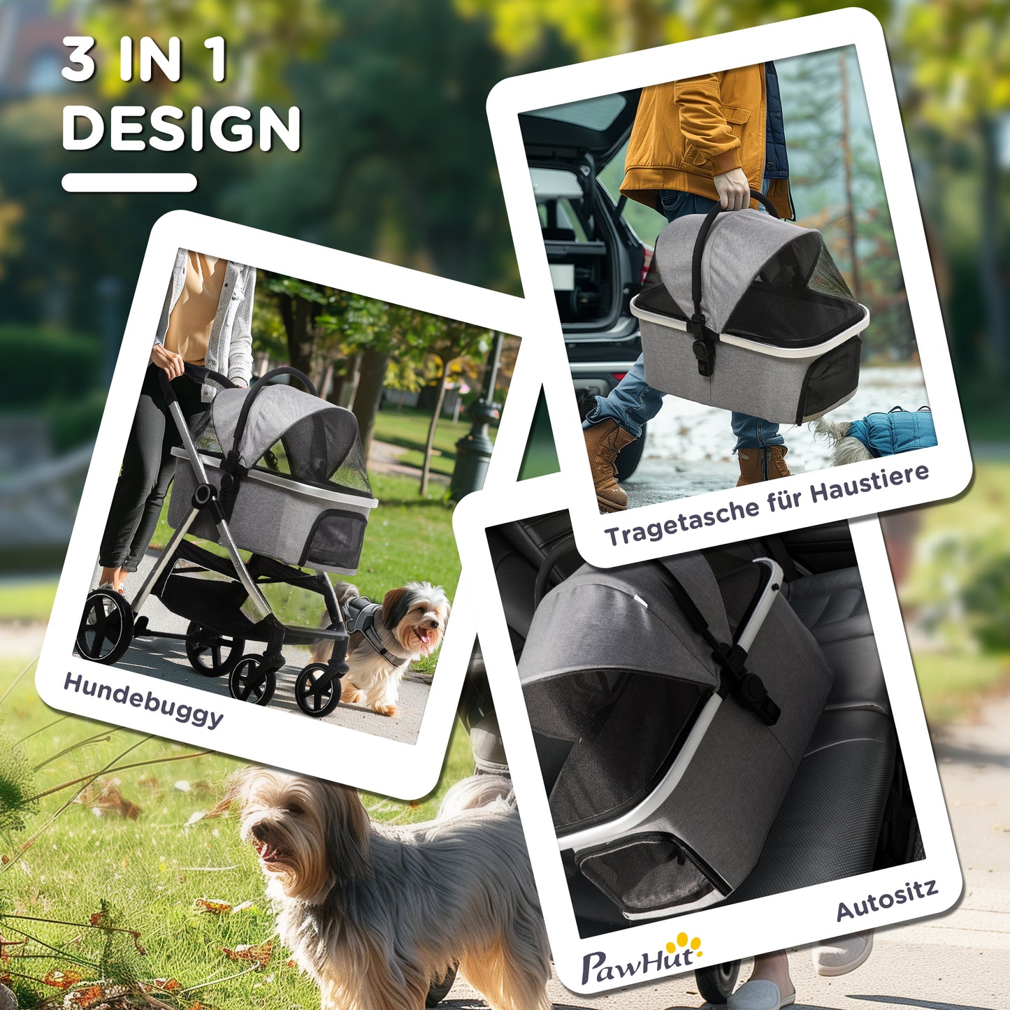 PawHut Hundebuggy Hundewagen bis 10 kg Klappbar Tragtasche Bodenkorb 83 cm x 58 cm x 102 cm, Hellgrau