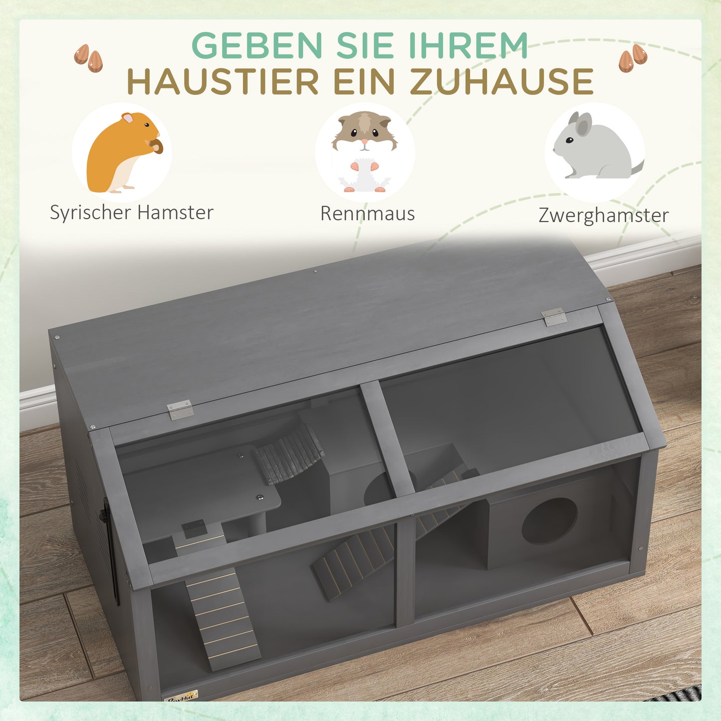 PawHut Hamsterkäfig, Kleintierkäfig aus Holz, Hängebrücke, Leitern, Hütte, 84 x 45 x 44 cm, für Zwerghamster, Grau