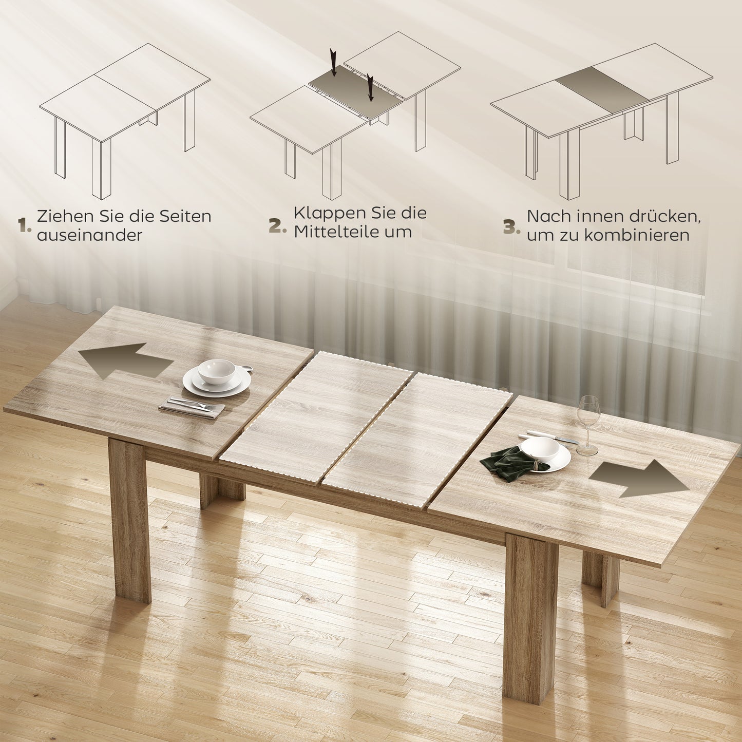 HOMCOM Ausziehbarer Esstisch, von 180 auf 260 cm erweiterbar, für 6-10 Personen, Holz