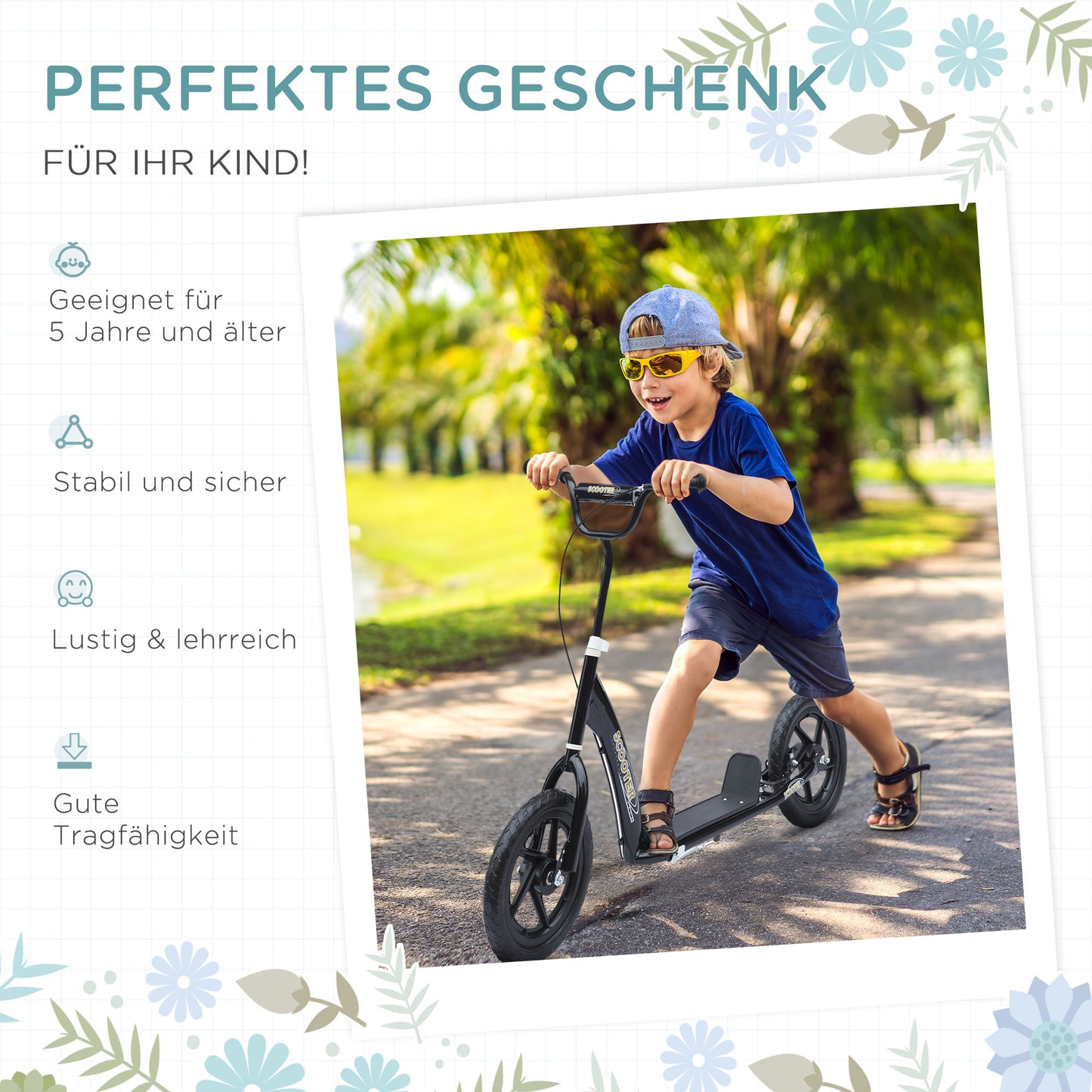 HOMCOM Kinderroller mit Hinterbremse Kickscooter 12 Zoll Tretroller Roller Scooter Cityroller für Kinder Kickboard Höhenverstellbar Stahl EVA Schwarz 120 x 52 x 80-88 cm