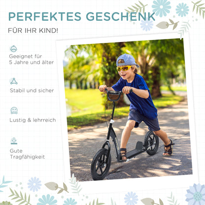HOMCOM Kinderroller mit Hinterbremse Kickscooter 12 Zoll Tretroller Roller Scooter Cityroller für Kinder Kickboard Höhenverstellbar Stahl EVA Schwarz 120 x 52 x 80-88 cm