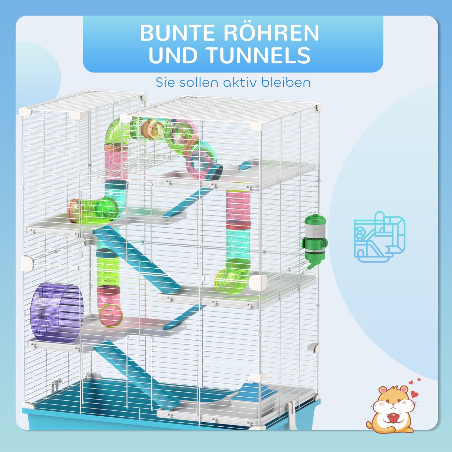 PawHut 6-stöckiger Hamsterkäfig mit Röhren, Tunnels, Hütte, Laufrad, Futterschale, Wasserflasche, Rampen, Hellblau