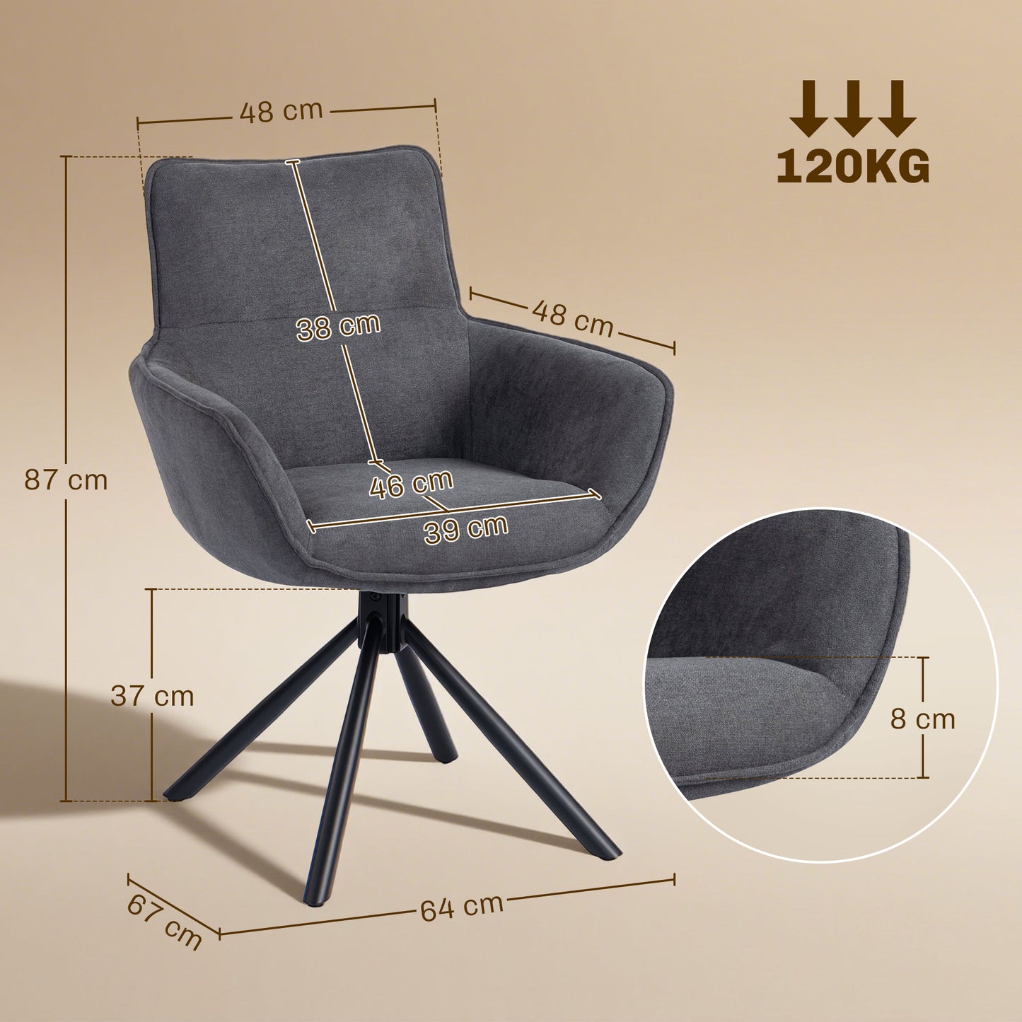 HOMCOM 2er-Set Esszimmerstühle, drehbar, weich gepolstert, Armlehnen, Metallbeine, Dunkelgrau
