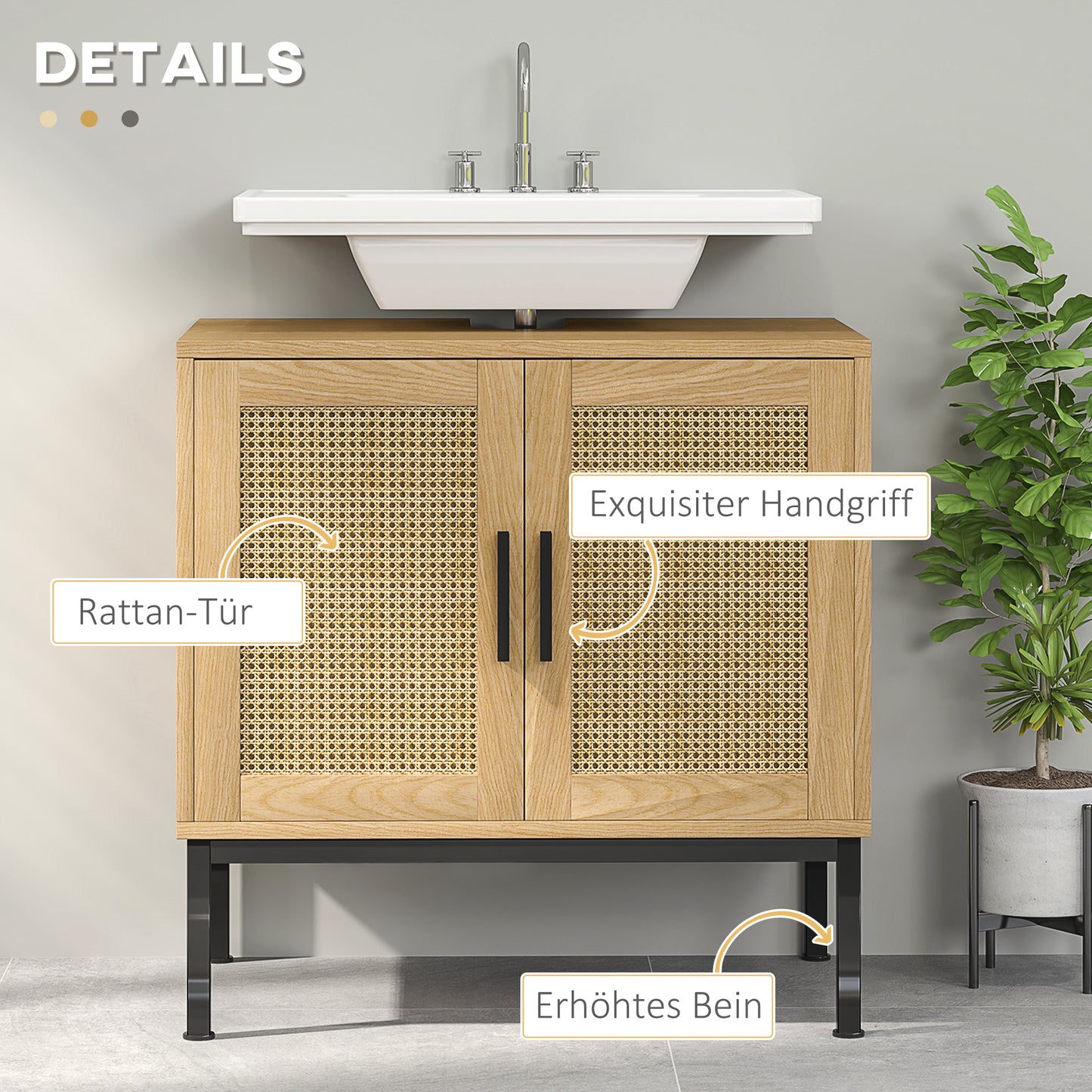kleankin Badezimmerunterschrank, im Boho-Design, Badezimmerschrank, Rattan-Elemente, mit U-Ausschnitt, Eiche