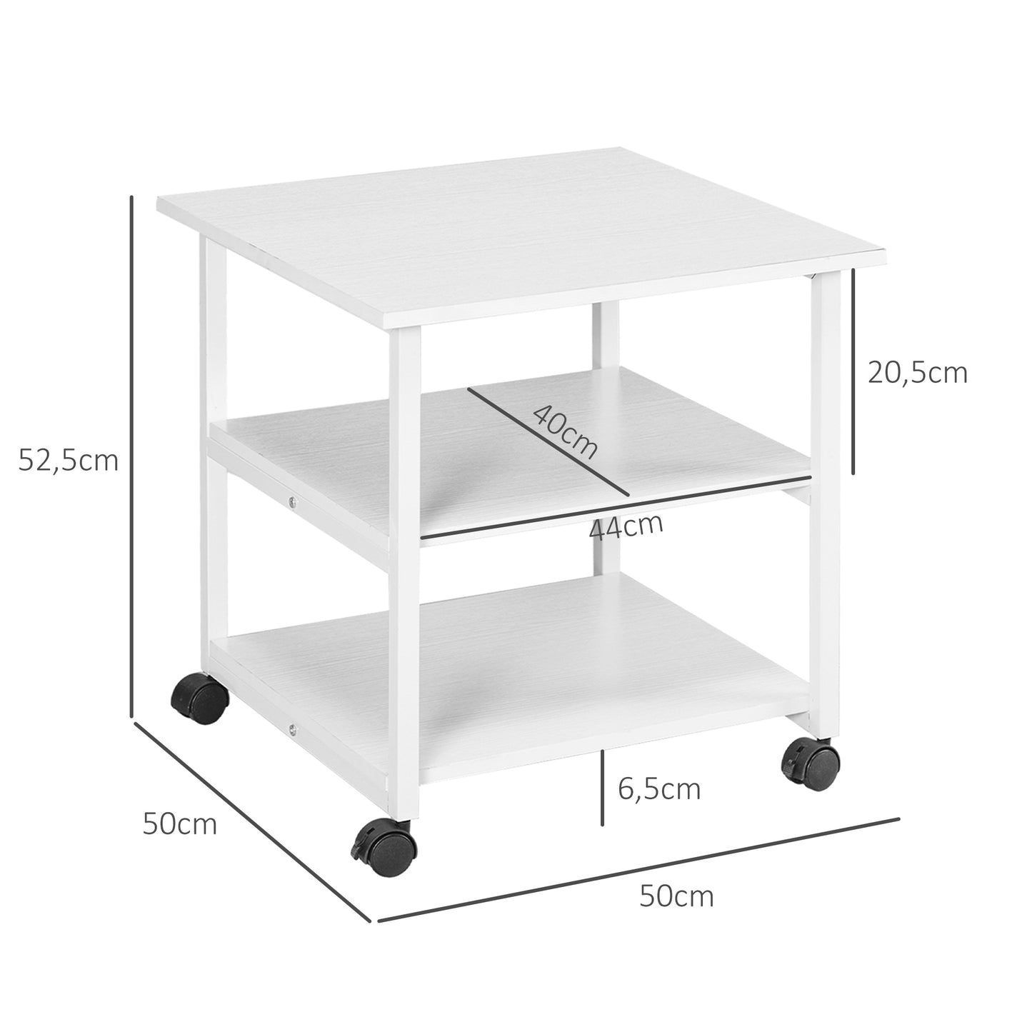 HOMCOM Druckertisch mit Rolle, Druckerständer mit 3-Ebene, Druckerhalter Stahl, 50 x 50 x 52,5 cm