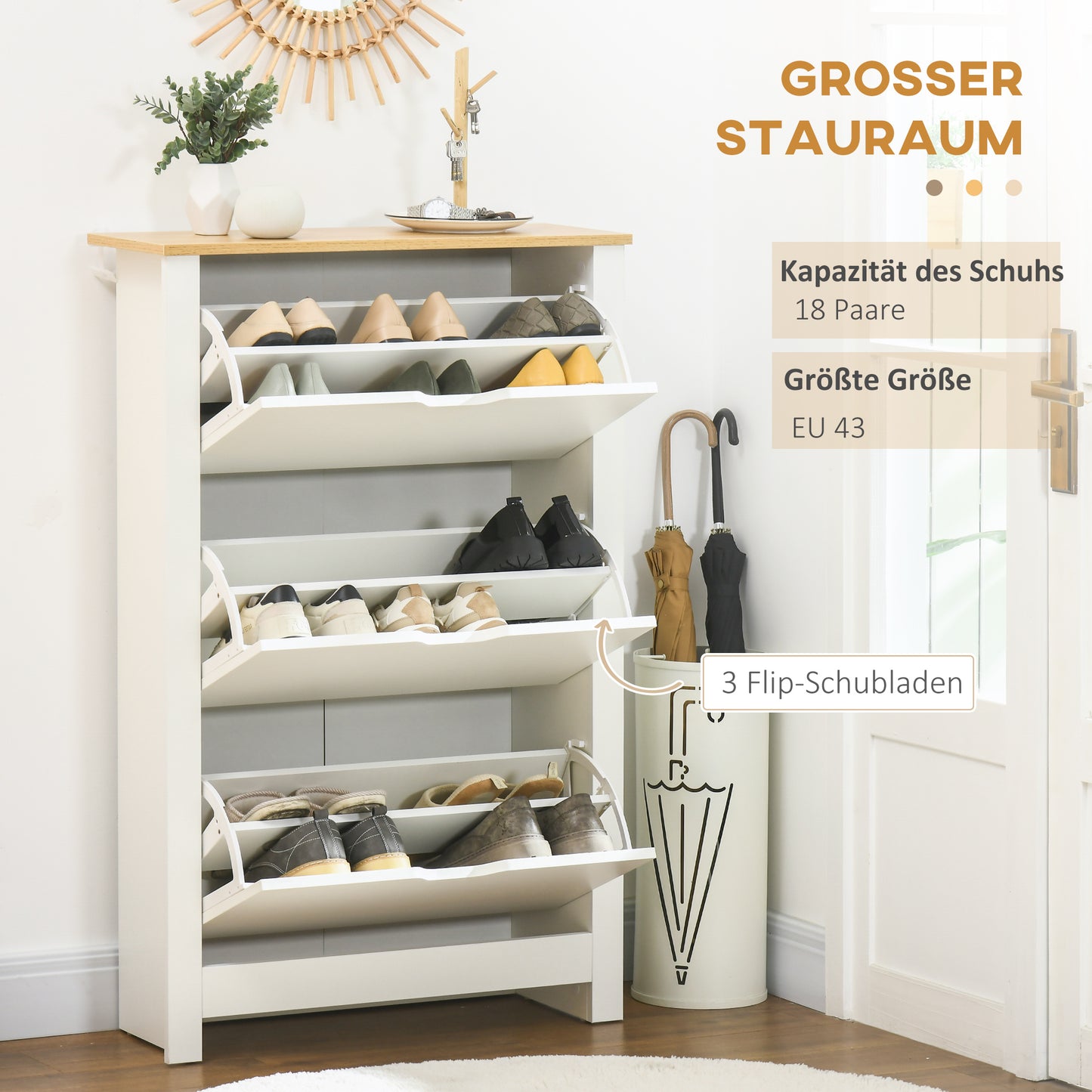 HOMCOM Schuhschrank Schruhregal Schuhaufbewahrung, 3 Fächer, 18 Paar Schuhe, 72 cm x 26 cm x 112 cm, Weiß + Braun