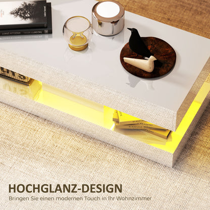 HOMCOM Wohnzimmertisch mit Schubladen und LED-Lichtern, moderner Sofatisch mit offener Ablage, Couchtisch, Spanplatte, Weiß