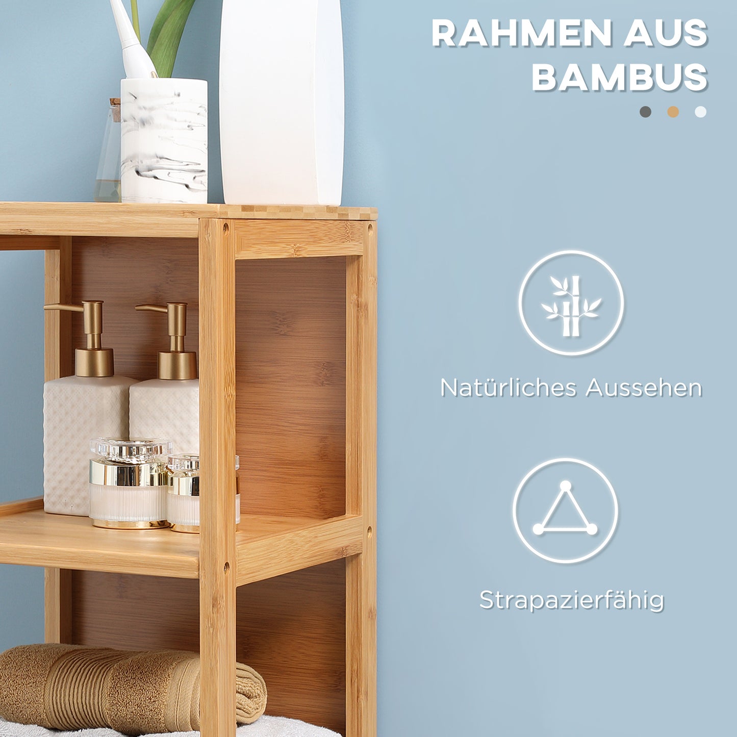 kleankin Badezimmerschrank, 3 Regale, 2 Schubladen, Bambus, 30 cm x 30 cm x 140 cm, Natur
