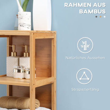 kleankin Badezimmerschrank, 3 Regale, 2 Schubladen, Bambus, 30 cm x 30 cm x 140 cm, Natur