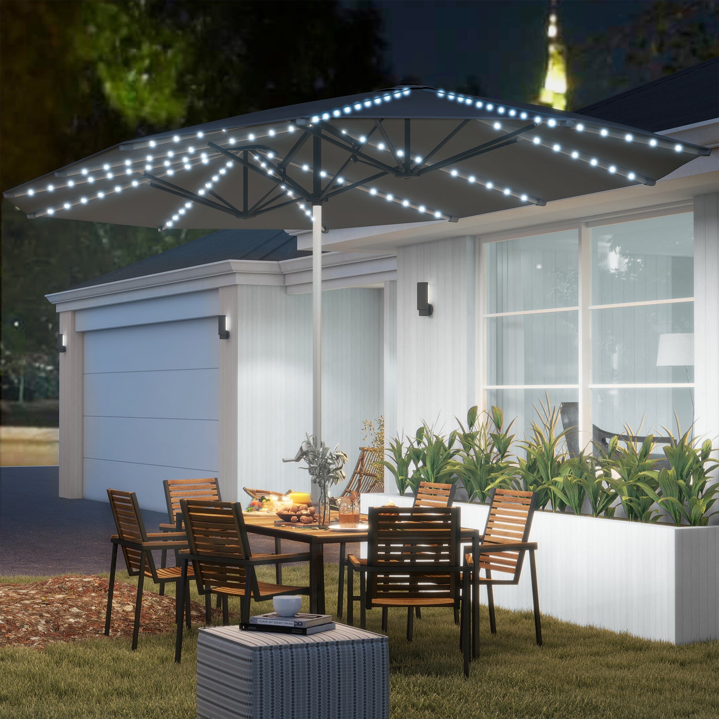Outsunny Doppelschirm mit Solar-Lichtern, Aluminium, Polyester, UPF50+ Schutz, UV-beständig, Terrassenschirm, Dunkelgrau