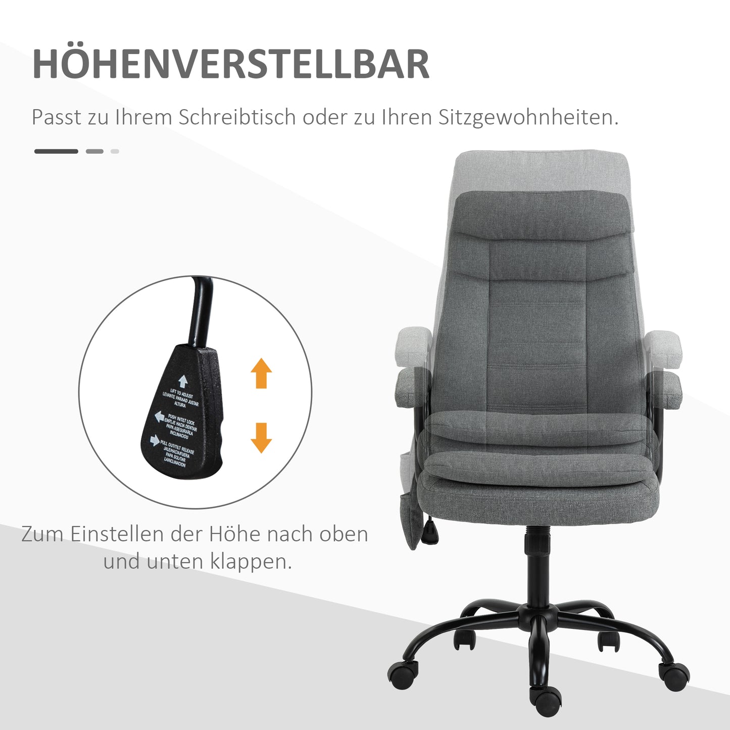 Vinsetto Bürostuhl Massage höhenverstellbarer Chefsessel Gamingstuhl mit Massagefunktion, ergonomischer Drehstuhl Massage Sessel Lendenwirbelsäulenmassage Leinen-Gefühl Grau 63 x 70 x 112-121 cm