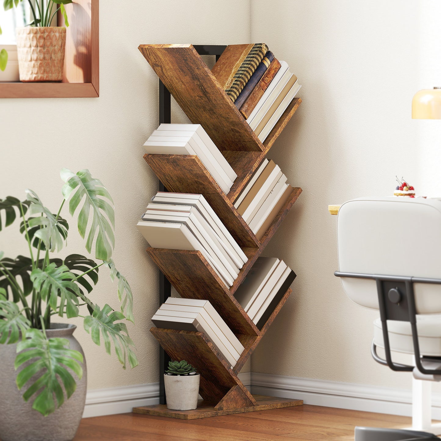 HOMCOM Bücherregal Standregal mit 7 Ebenen Schmal Regal im Baumform für Büro, Rustikal Braun